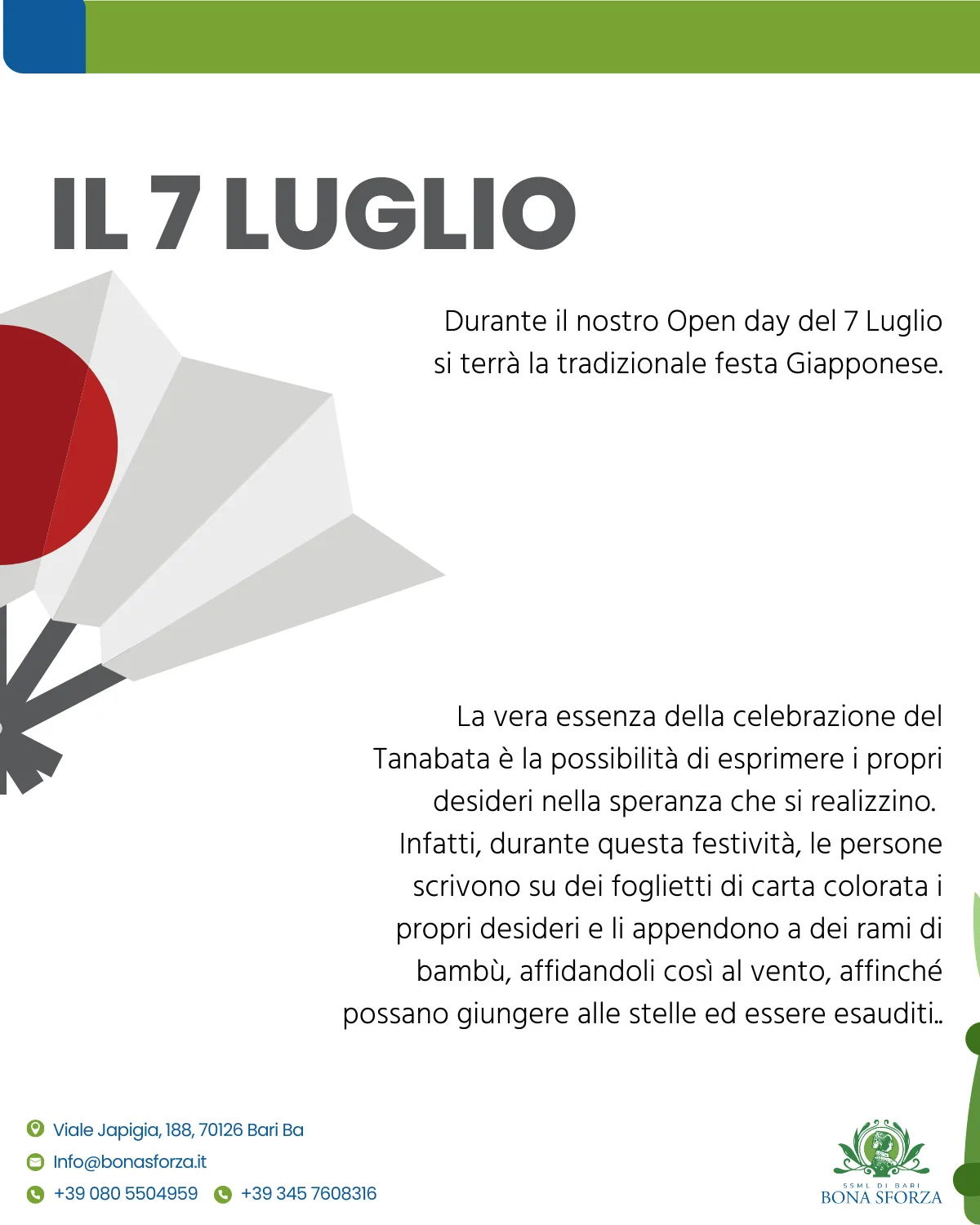 Bona Sforza: open day del 7 luglio con la festa del Tanabata