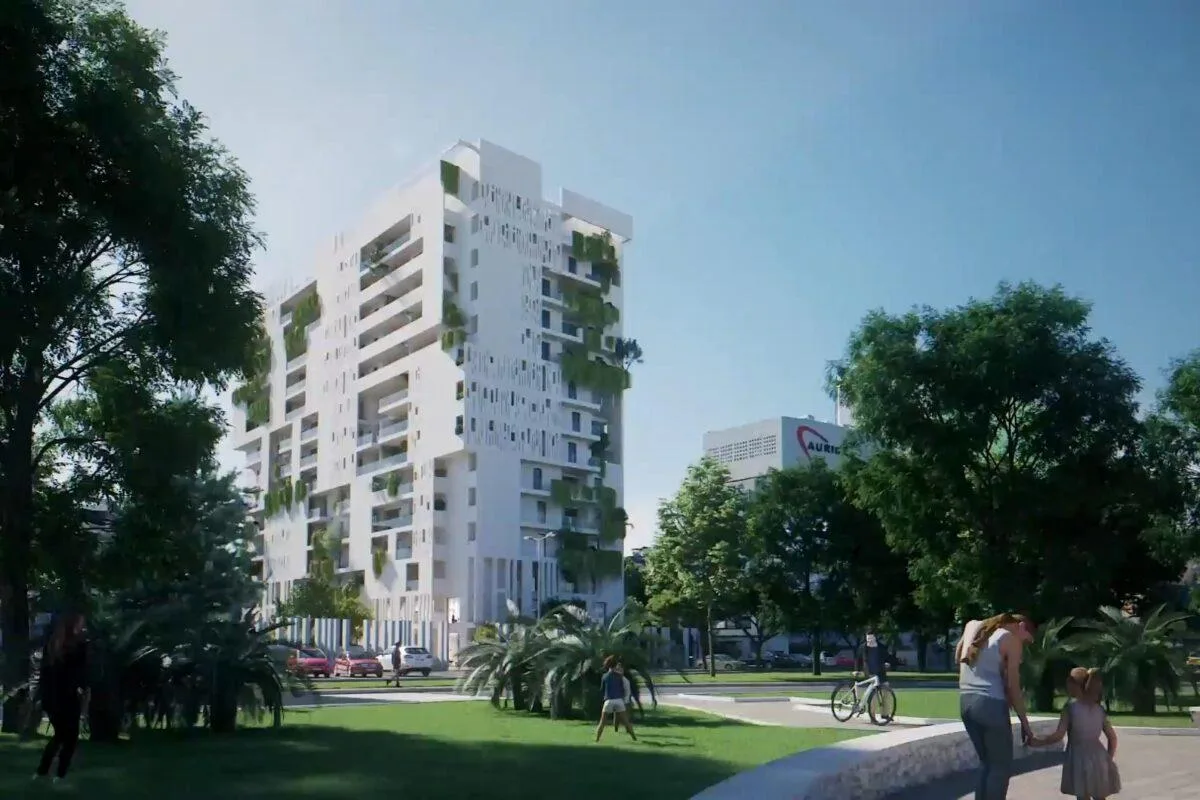 Vèrdica: render dell'edificio nel verde