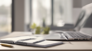 Scrivania minimal legata al marketing immobiliare con laptop e modellino di casa, con un elemento di spicco color #ff5812.