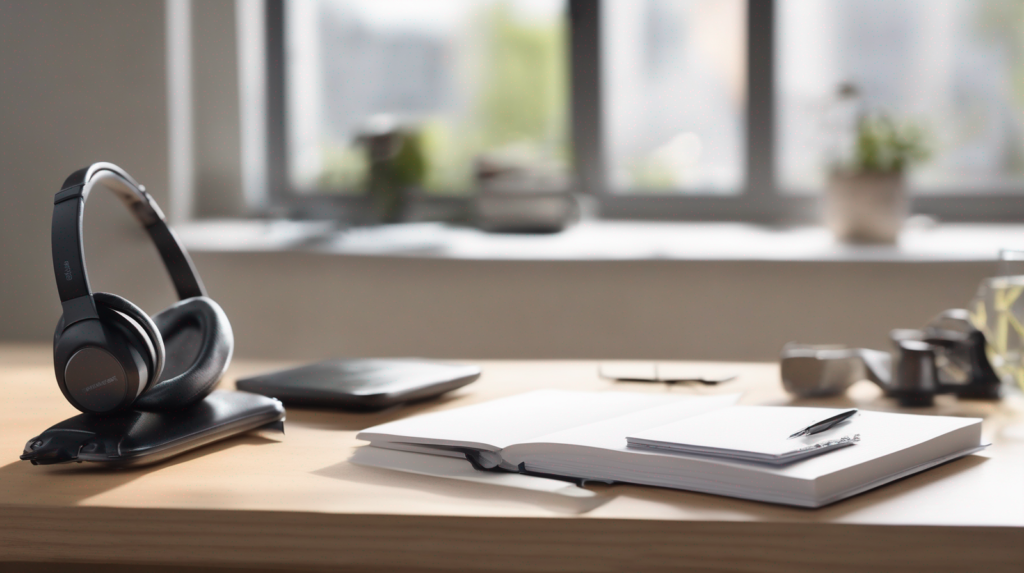 Scrivania minimal per chiamate di vendita immobiliare con smartphone spento, cuffie, taccuino e modellino di casa, con un elemento di spicco color #ff5812.