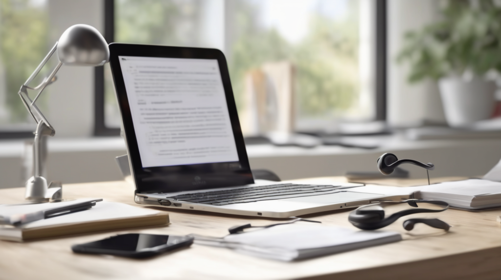 Scrivania minimal per chiamate di vendita immobiliare con smartphone spento, cuffie, taccuino e modellino di casa, con un elemento di spicco color #ff5812.