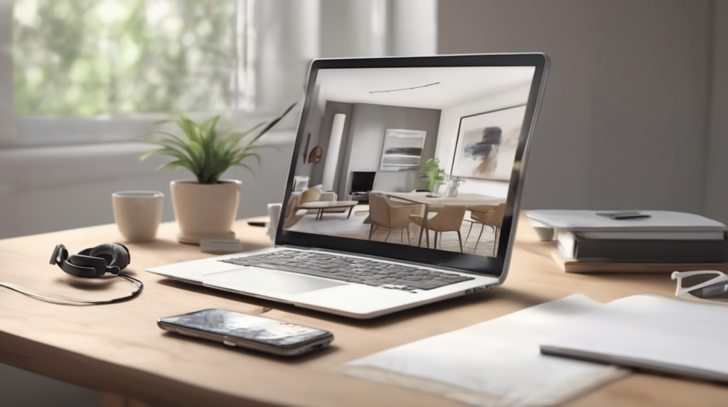 Scrivania minimal per chiamate di vendita immobiliare con smartphone spento, cuffie, taccuino e modellino di casa, con un elemento di spicco color #ff5812.