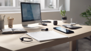 Scrivania minimal per chiamate di vendita immobiliare con smartphone spento, cuffie, taccuino e modellino di casa, con un elemento di spicco color #ff5812.