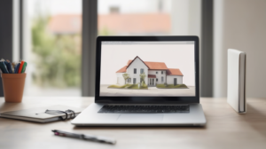 Scrivania minimal legata al marketing immobiliare con laptop e modellino di casa, con un elemento di spicco color #ff5812.