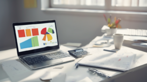 Scrivania marketing con laptop e grafici sfocati, calcolatrice e taccuino, con un elemento di spicco color #ff5812.