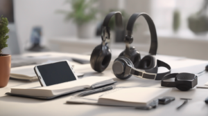 Scrivania minimal per chiamate di vendita immobiliare con smartphone spento, cuffie, taccuino e modellino di casa, con un elemento di spicco color #ff5812.