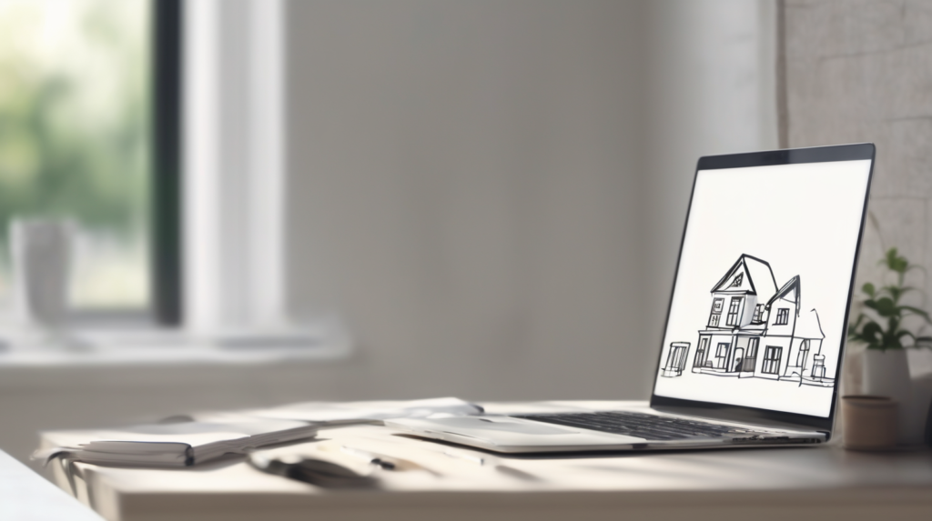 Scrivania minimal legata al marketing immobiliare con laptop e modellino di casa, con un elemento di spicco color #ff5812.