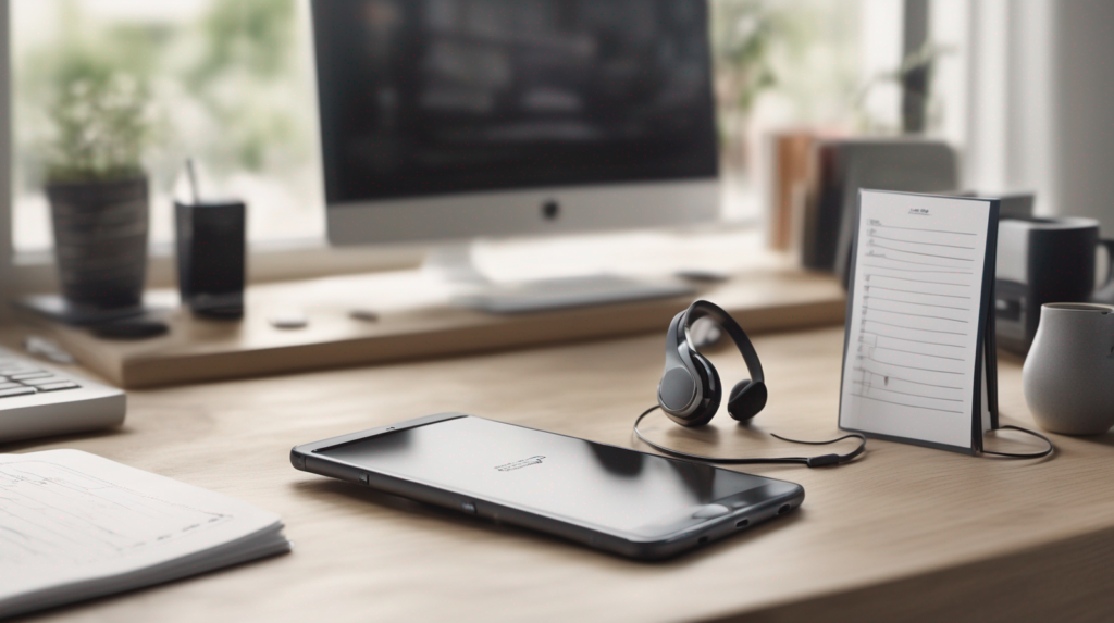 Scrivania minimal per chiamate di vendita immobiliare con smartphone spento, cuffie, taccuino e modellino di casa, con un elemento di spicco color #ff5812.