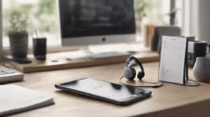 Scrivania minimal per chiamate di vendita immobiliare con smartphone spento, cuffie, taccuino e modellino di casa, con un elemento di spicco color #ff5812.