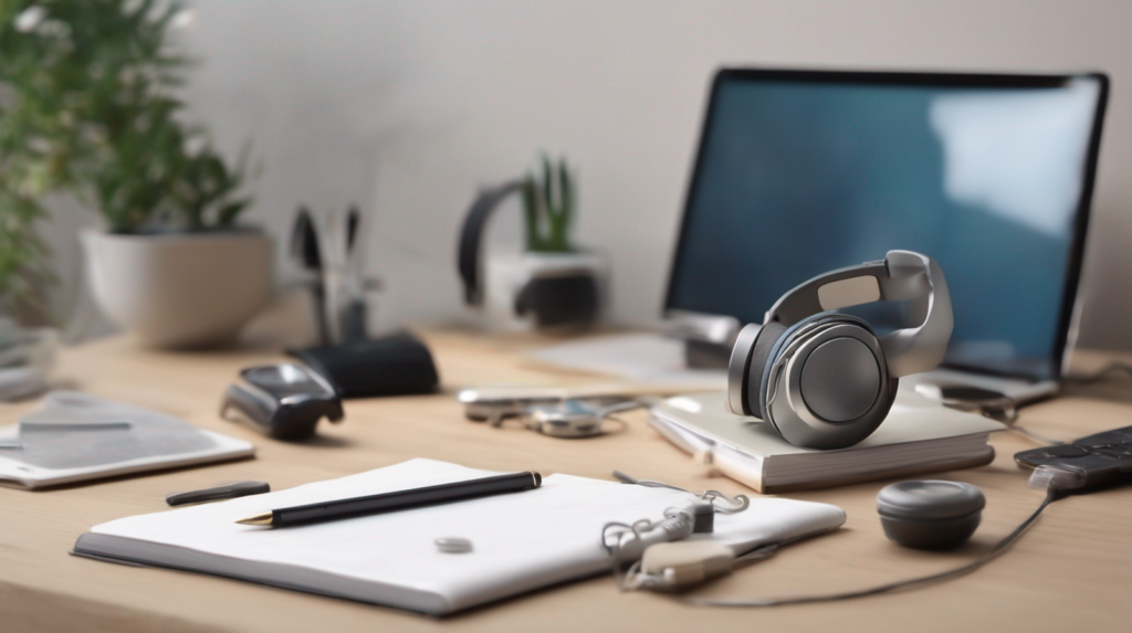 Scrivania minimal per chiamate di vendita immobiliare con smartphone spento, cuffie, taccuino e modellino di casa, con un elemento di spicco color #ff5812.