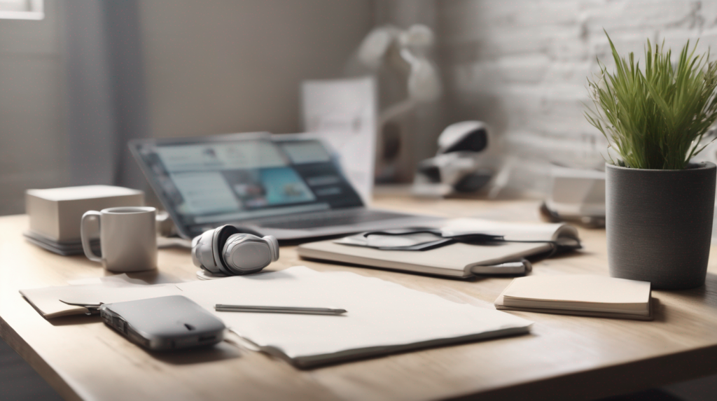 Scrivania minimal per chiamate di vendita immobiliare con smartphone spento, cuffie, taccuino e modellino di casa, con un elemento di spicco color #ff5812.