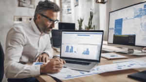 Imprenditore immobiliare Puglia analizza lead scoring CRM dashboard per cantieri Bari Lecce