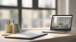 Scrivania minimal legata al marketing immobiliare con laptop e modellino di casa, con un elemento di spicco color #ff5812.