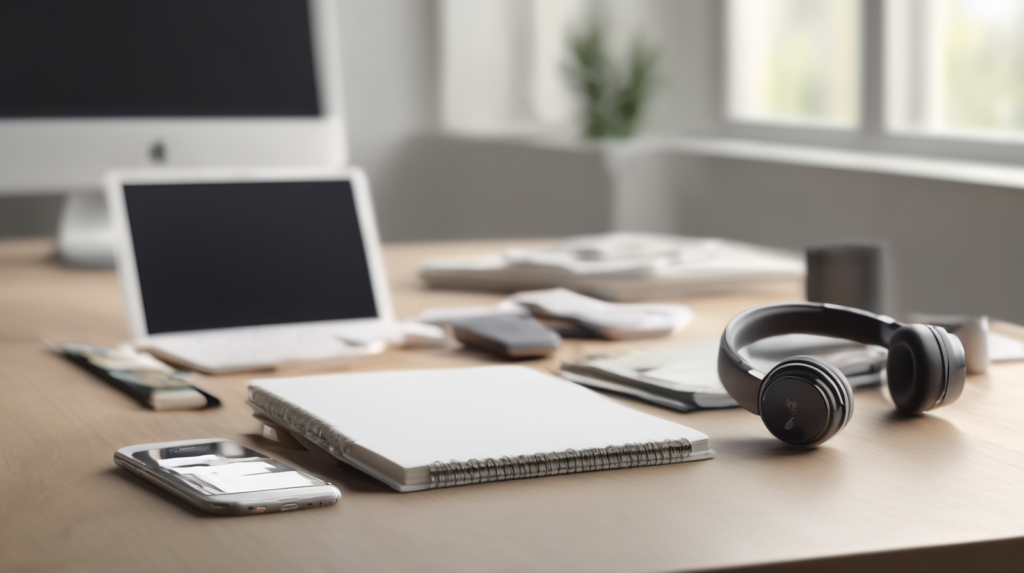 Scrivania minimal per chiamate di vendita immobiliare con smartphone spento, cuffie, taccuino e modellino di casa, con un elemento di spicco color #ff5812.