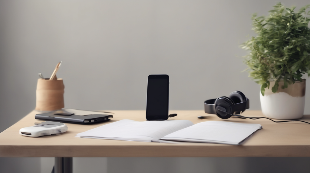 Scrivania minimal per chiamate di vendita immobiliare con smartphone spento, cuffie, taccuino e modellino di casa, con un elemento di spicco color #ff5812.