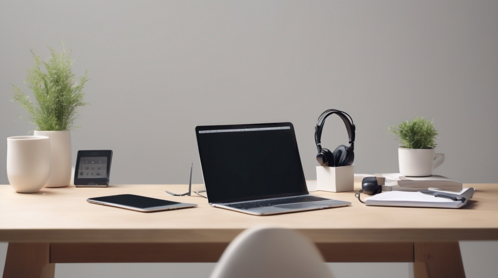 Scrivania minimal per chiamate di vendita immobiliare con smartphone spento, cuffie, taccuino e modellino di casa, con un elemento di spicco color #ff5812.