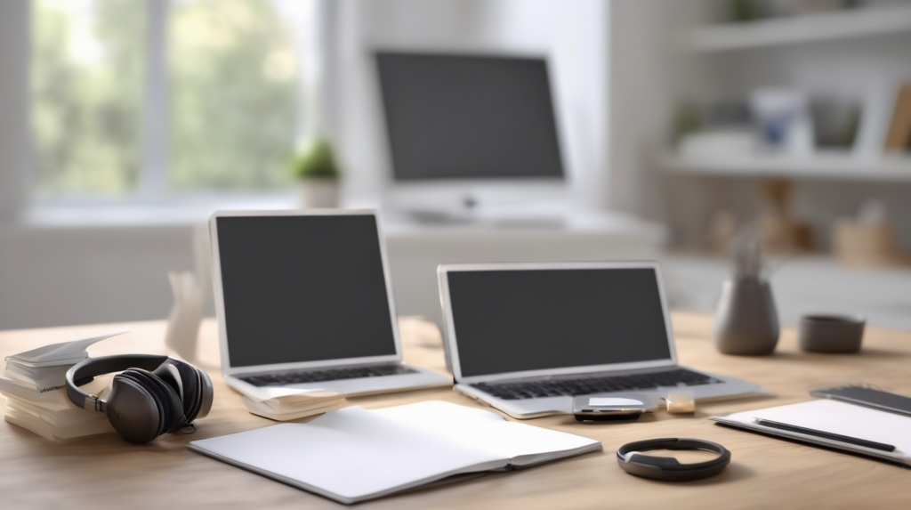 Scrivania minimal per chiamate di vendita immobiliare con smartphone spento, cuffie, taccuino e modellino di casa, con un elemento di spicco color #ff5812.