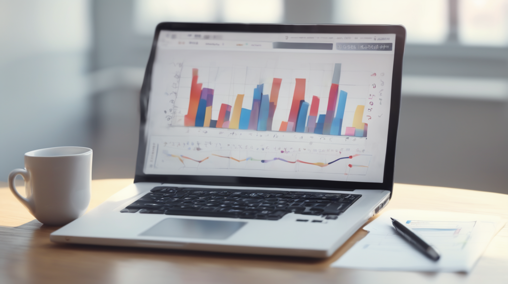 Scrivania marketing con laptop e grafici sfocati, calcolatrice e taccuino, con un elemento di spicco color #ff5812.