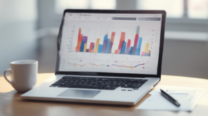 Scrivania marketing con laptop e grafici sfocati, calcolatrice e taccuino, con un elemento di spicco color #ff5812.