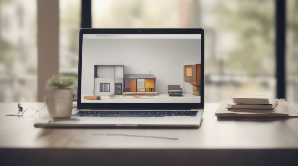 Scrivania minimal legata al marketing immobiliare con laptop e modellino di casa, con un elemento di spicco color #ff5812.