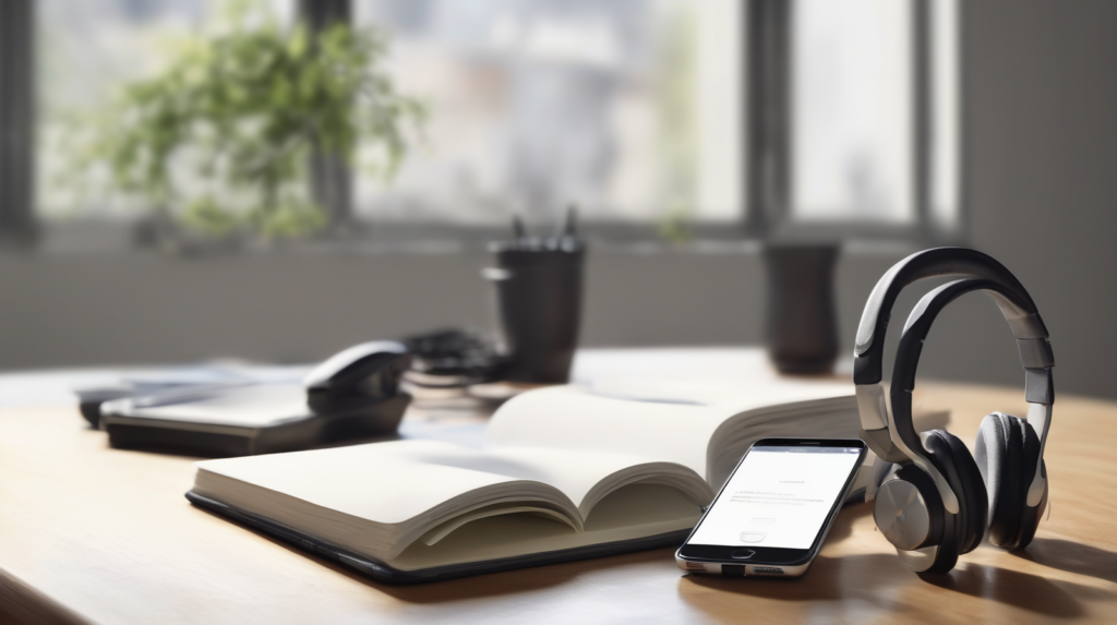 Scrivania minimal per chiamate di vendita immobiliare con smartphone spento, cuffie, taccuino e modellino di casa, con un elemento di spicco color #ff5812.