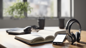 Scrivania minimal per chiamate di vendita immobiliare con smartphone spento, cuffie, taccuino e modellino di casa, con un elemento di spicco color #ff5812.