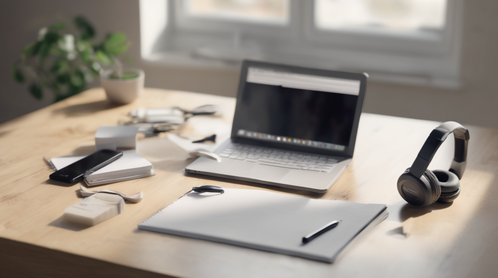 Scrivania minimal per chiamate di vendita immobiliare con smartphone spento, cuffie, taccuino e modellino di casa, con un elemento di spicco color #ff5812.