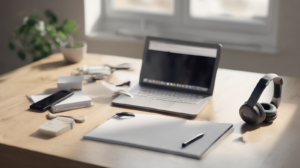 Scrivania minimal per chiamate di vendita immobiliare con smartphone spento, cuffie, taccuino e modellino di casa, con un elemento di spicco color #ff5812.