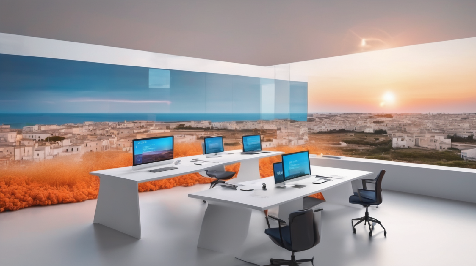 Immagine astratta proptech per developer immobiliari in Puglia: dashboard CRM su paesaggio Bari-Salento al tramonto