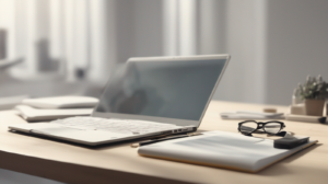 Scrivania per lavoro SEO e contenuti con laptop e lente d’ingrandimento, con un elemento di spicco color #ff5812.