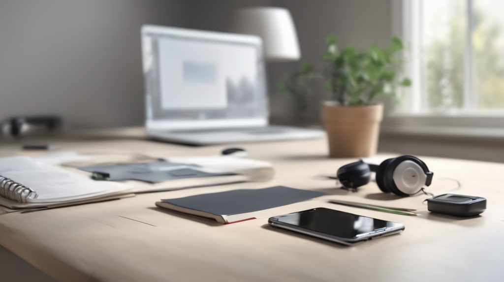 Scrivania minimal per chiamate di vendita immobiliare con smartphone spento, cuffie, taccuino e modellino di casa, con un elemento di spicco color #ff5812.