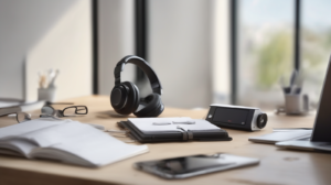 Scrivania minimal per chiamate di vendita immobiliare con smartphone spento, cuffie, taccuino e modellino di casa, con un elemento di spicco color #ff5812.