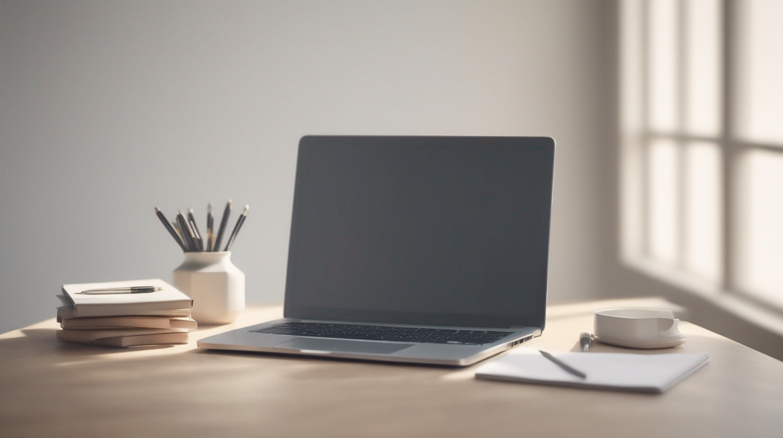 Scrivania minimal legata al marketing immobiliare con laptop e modellino di casa, con un elemento di spicco color #ff5812.