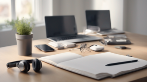 Scrivania minimal per chiamate di vendita immobiliare con smartphone spento, cuffie, taccuino e modellino di casa, con un elemento di spicco color #ff5812.