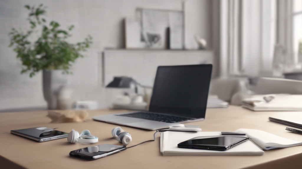 Scrivania minimal per chiamate di vendita immobiliare con smartphone spento, cuffie, taccuino e modellino di casa, con un elemento di spicco color #ff5812.