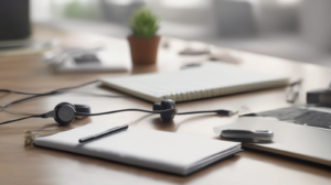 Scrivania minimal per chiamate di vendita immobiliare con smartphone spento, cuffie, taccuino e modellino di casa, con un elemento di spicco color #ff5812.