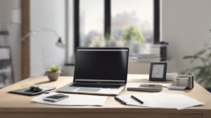 Scrivania minimal per chiamate di vendita immobiliare con smartphone spento, cuffie, taccuino e modellino di casa, con un elemento di spicco color #ff5812.