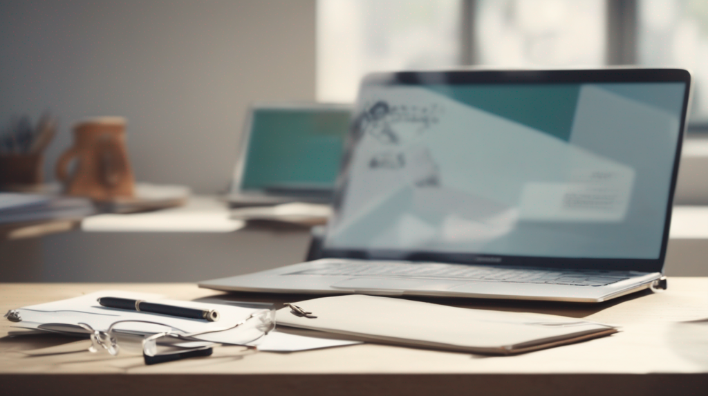 Scrivania per lavoro SEO e contenuti con laptop e lente d’ingrandimento, con un elemento di spicco color #ff5812.