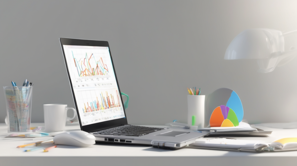 Scrivania marketing con laptop e grafici sfocati, calcolatrice e taccuino, con un elemento di spicco color #ff5812.