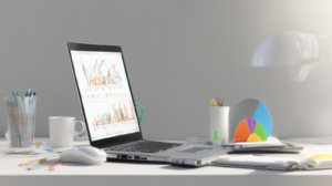 Scrivania marketing con laptop e grafici sfocati, calcolatrice e taccuino, con un elemento di spicco color #ff5812.