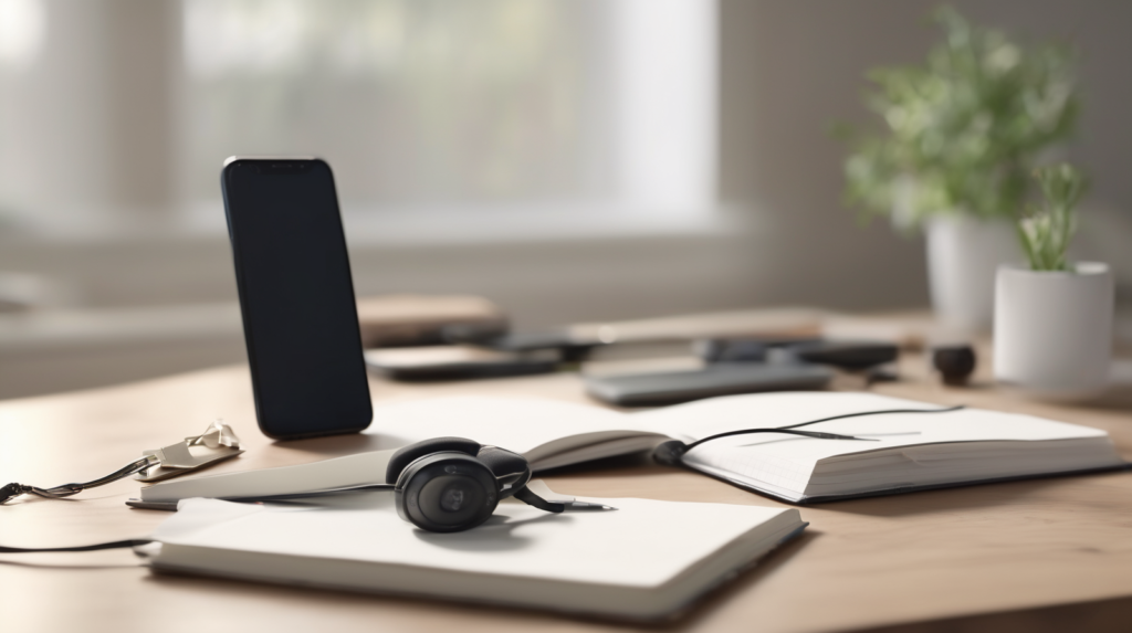 Scrivania minimal per chiamate di vendita immobiliare con smartphone spento, cuffie, taccuino e modellino di casa, con un elemento di spicco color #ff5812.