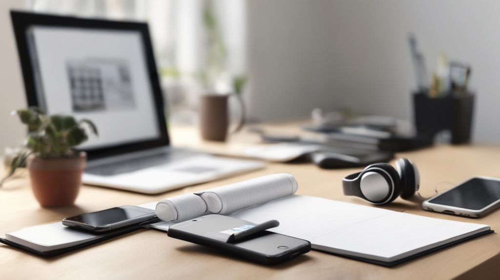 Scrivania minimal per chiamate di vendita immobiliare con smartphone spento, cuffie, taccuino e modellino di casa, con un elemento di spicco color #ff5812.