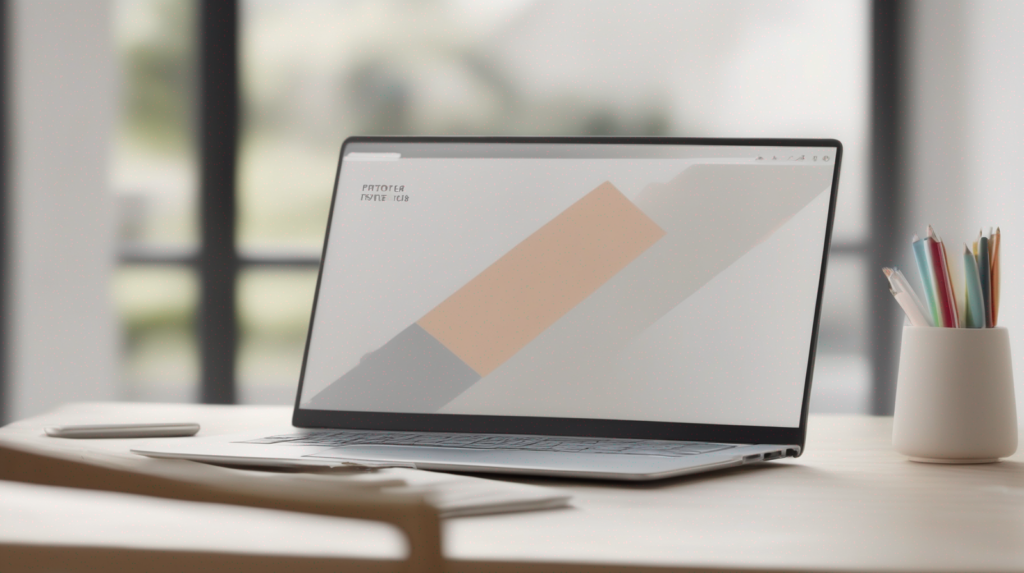 Scrivania minimal legata al marketing immobiliare con laptop e modellino di casa, con un elemento di spicco color #ff5812.