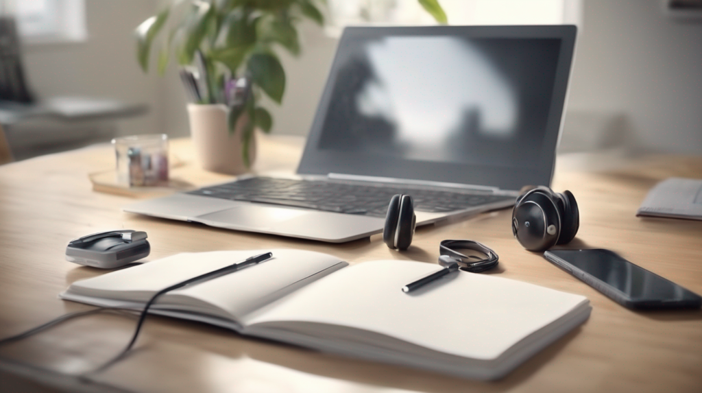 Scrivania minimal per chiamate di vendita immobiliare con smartphone spento, cuffie, taccuino e modellino di casa, con un elemento di spicco color #ff5812.